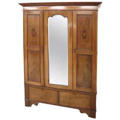 Antique Early 20th Century Inlaid Walnut Wardrobe or Armoire with Mirror