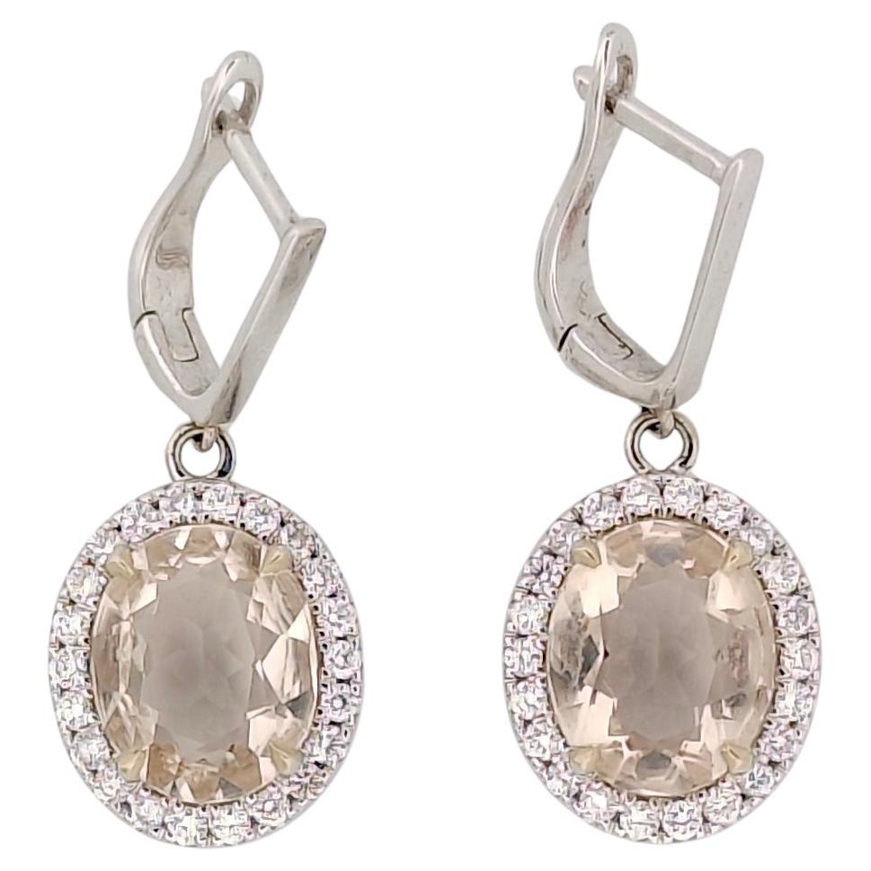 4.17 Ct Orangish-Pink Morganite & Diamond Drop Earrings in 14k Gold For Sale