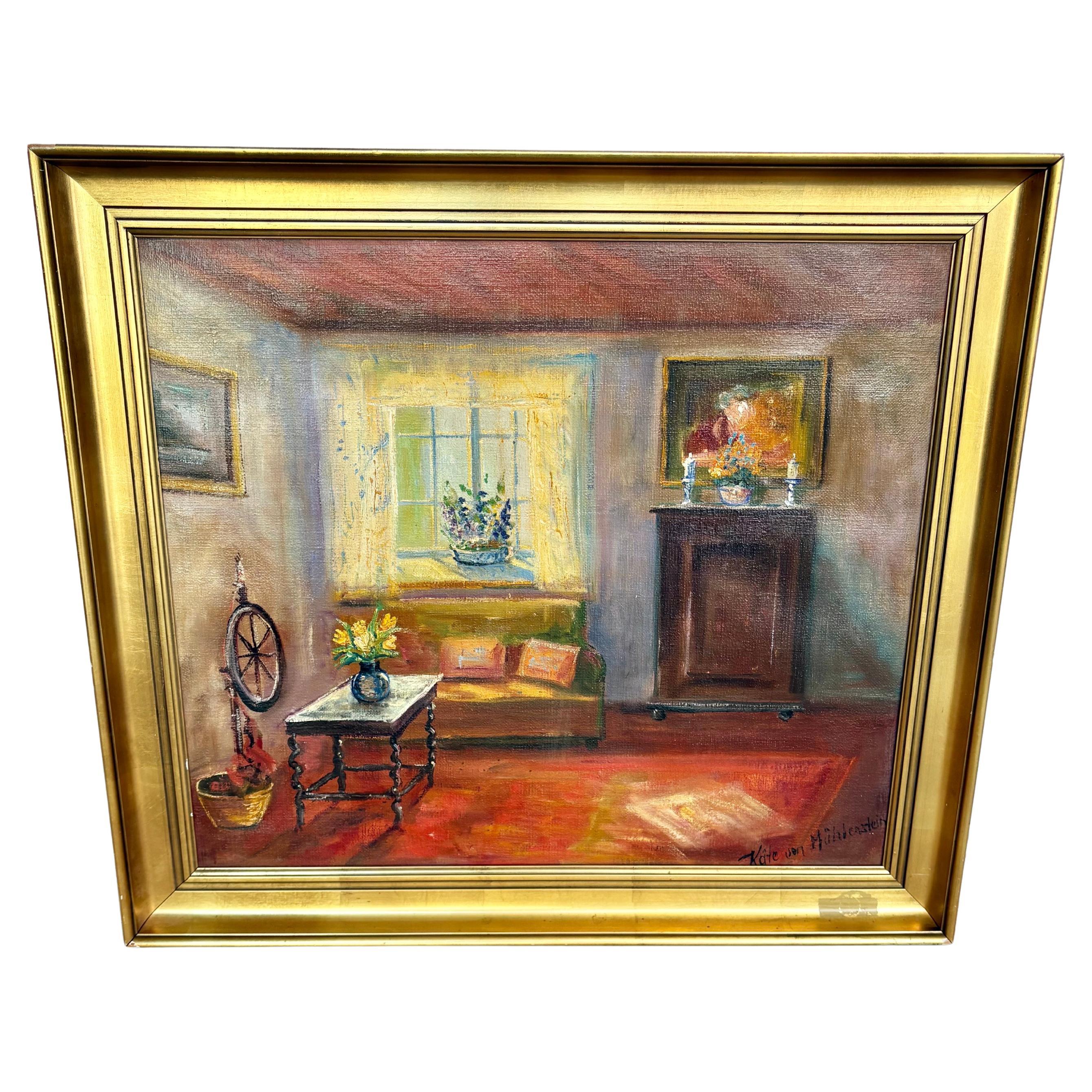 Encontrado en Europa, este Óleo sobre lienzo de principios del siglo XX fue pintado a principios de la década de 1900. La firma de la artista Kate Von Muhlenstein sugiere que el arte es de origen alemán. Esta pintura de interior, a menudo llamada