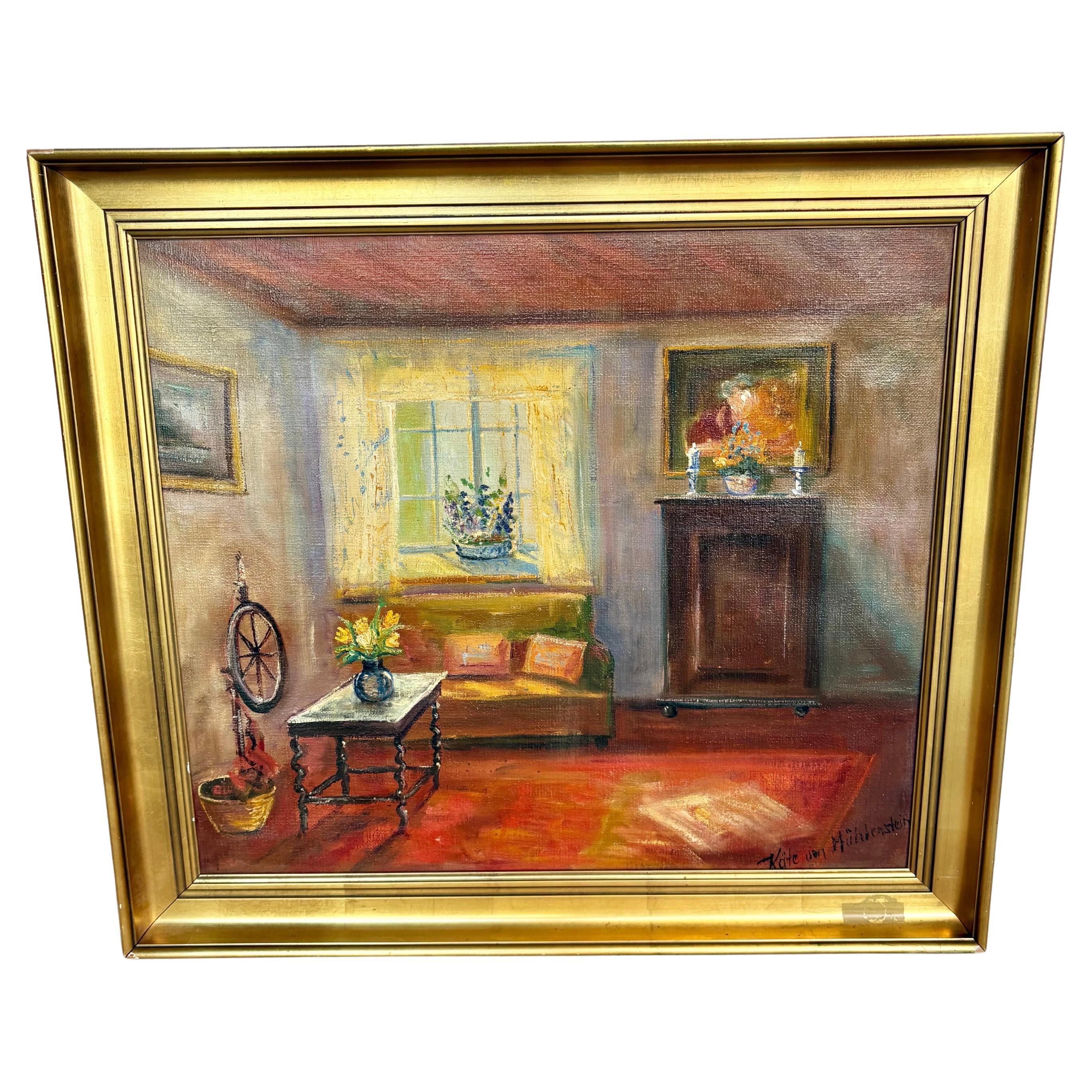 Early 20th Century Interior Painting Oil on Canvas