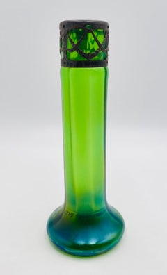 Early 20th Century Iridescent Green Glass Vase with Decorative Metal Insert