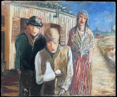 Portrait of Travellers outside Caravan Antique Irish Signed Oil Painting