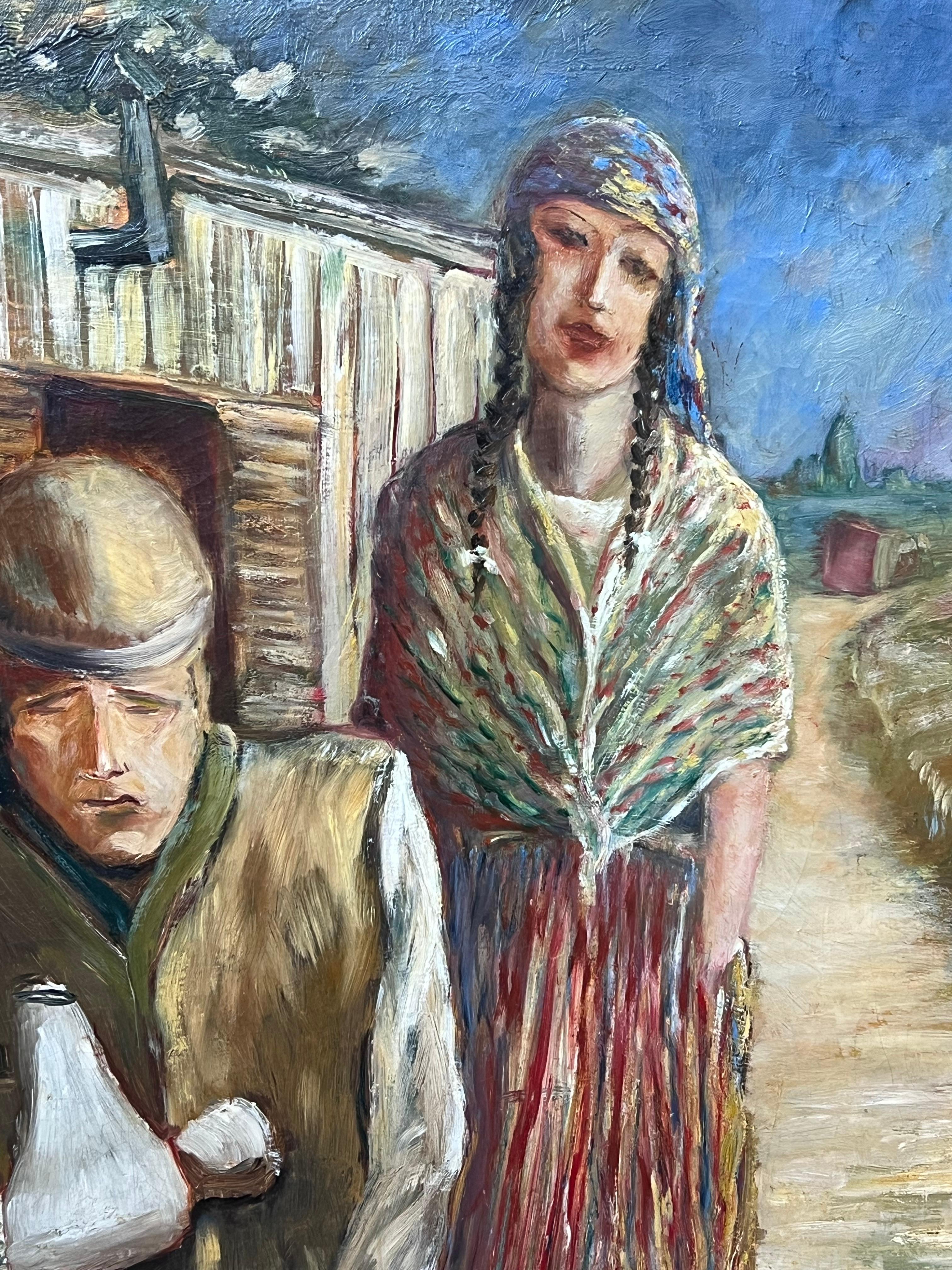 The Wounded Traveller
Signed M. Bishop lower right (thought to be Irish)
dated 1918 verso (possibly depicting a soldier returning home from WW1?)
signed oil on canvas, unframed 
canvas: 21 x 25.5 inches
Provenance: private collection
Condition: