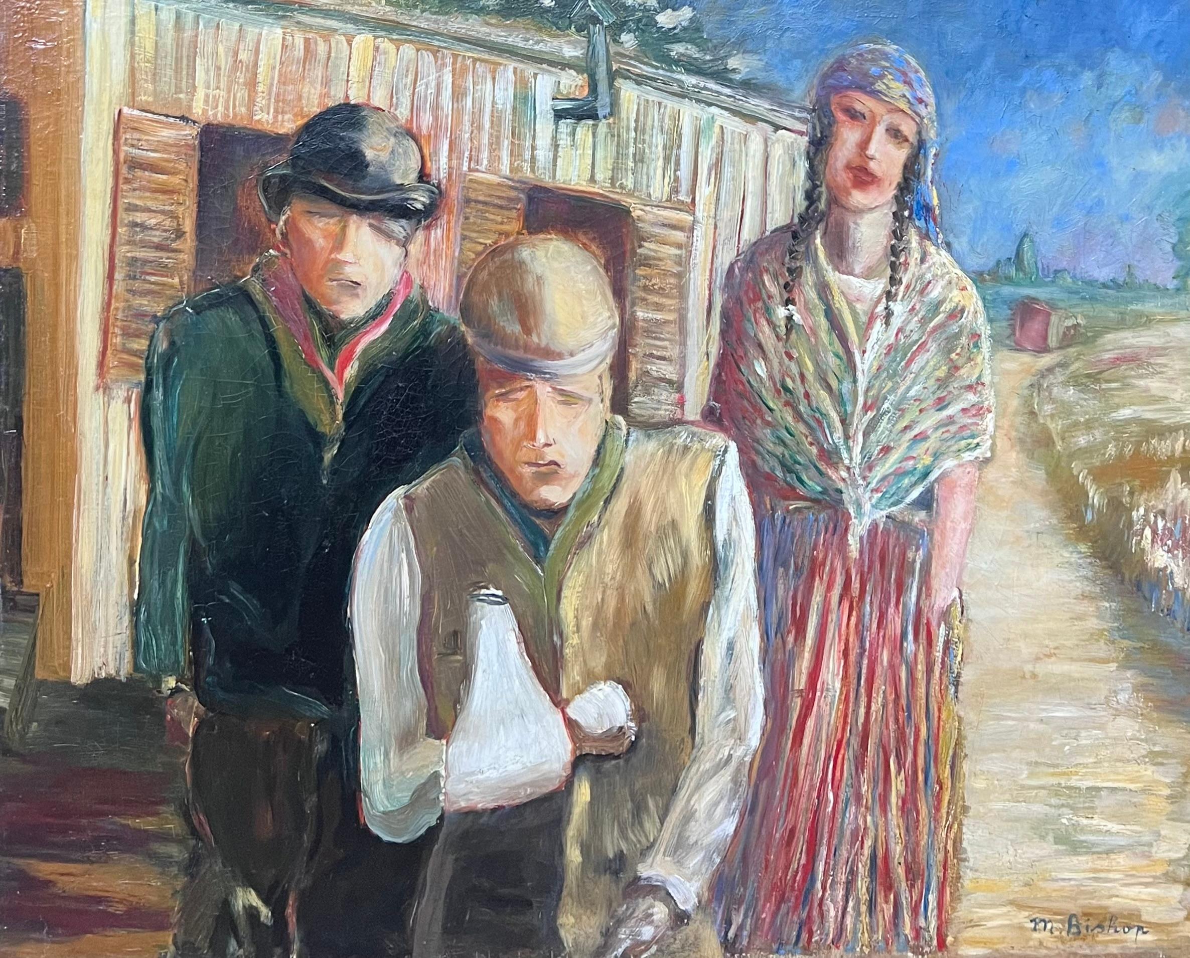 Early 20th Century Irish School Figurative Painting - Portrait of Travellers outside Caravan Antique Irish Signed Oil Painting