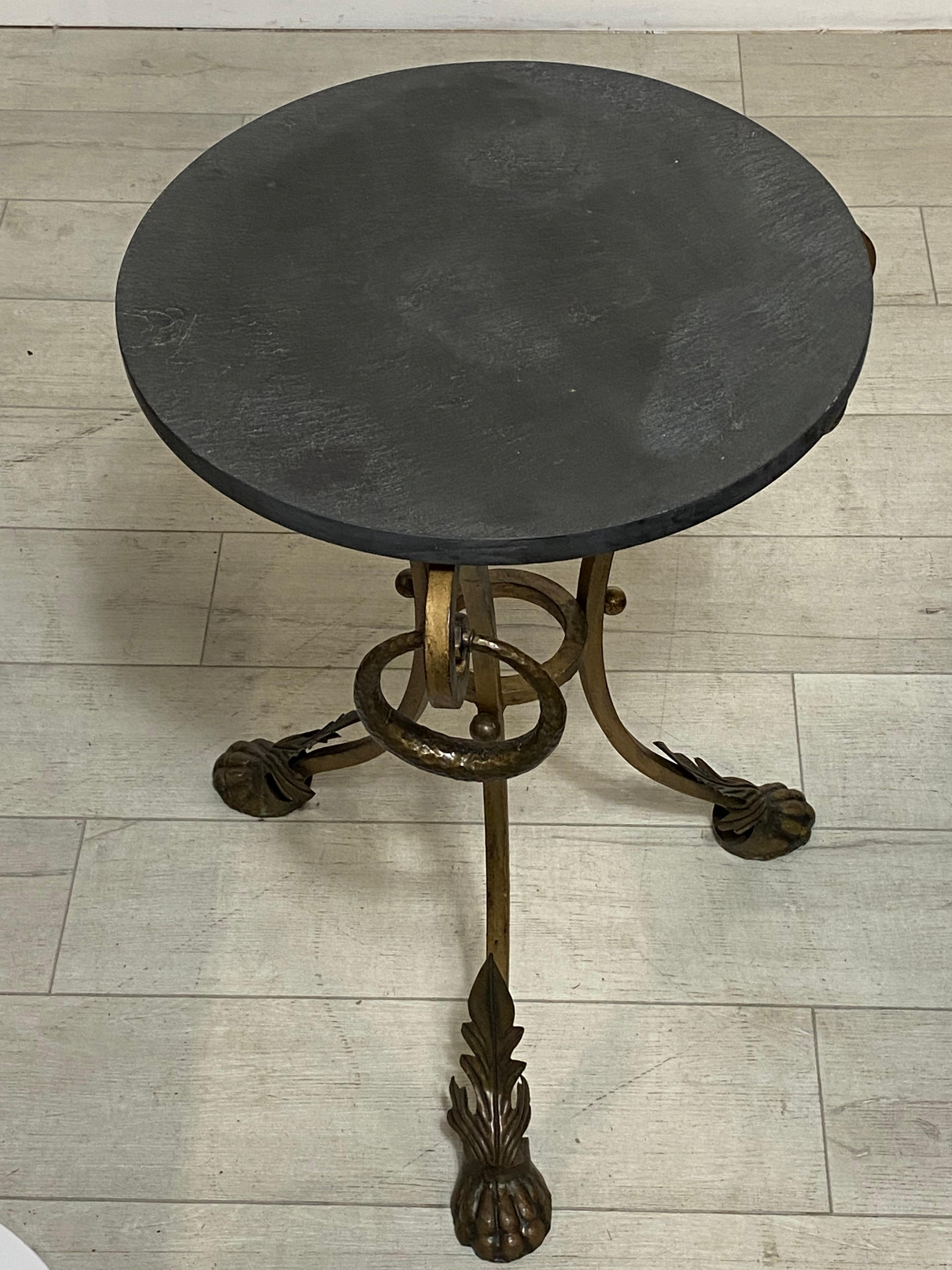 Art Nouveau Early 20th Century Iron and Brass Plant Stand with Round Slate Top For Sale