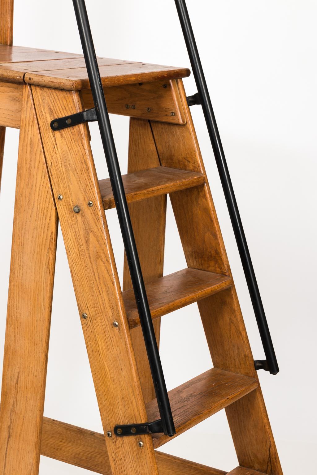 Industrial Early 20th Century Iron and Oak Work Ladder