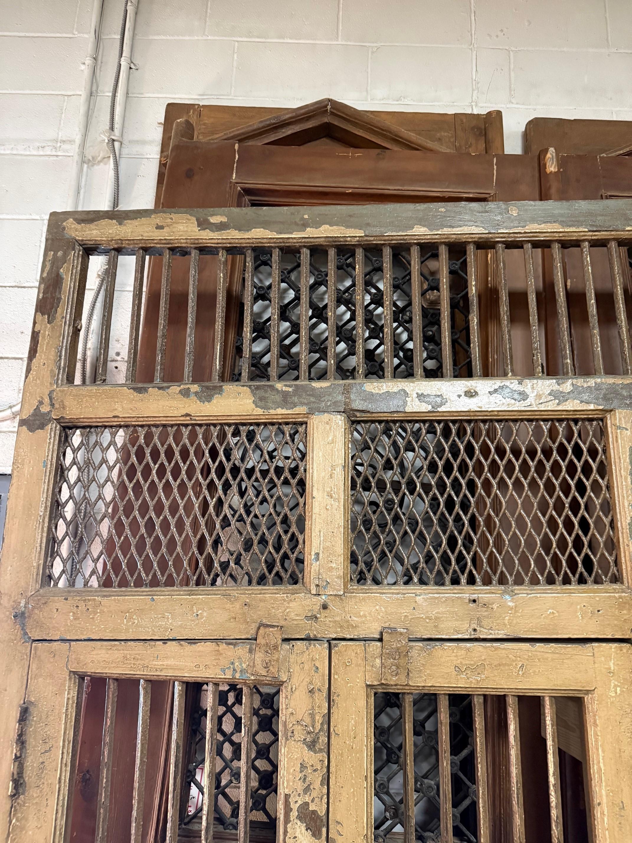 Early 20th Century Iron and Wood Divider or Panel with Doors and Metal Mesh. For Sale 8