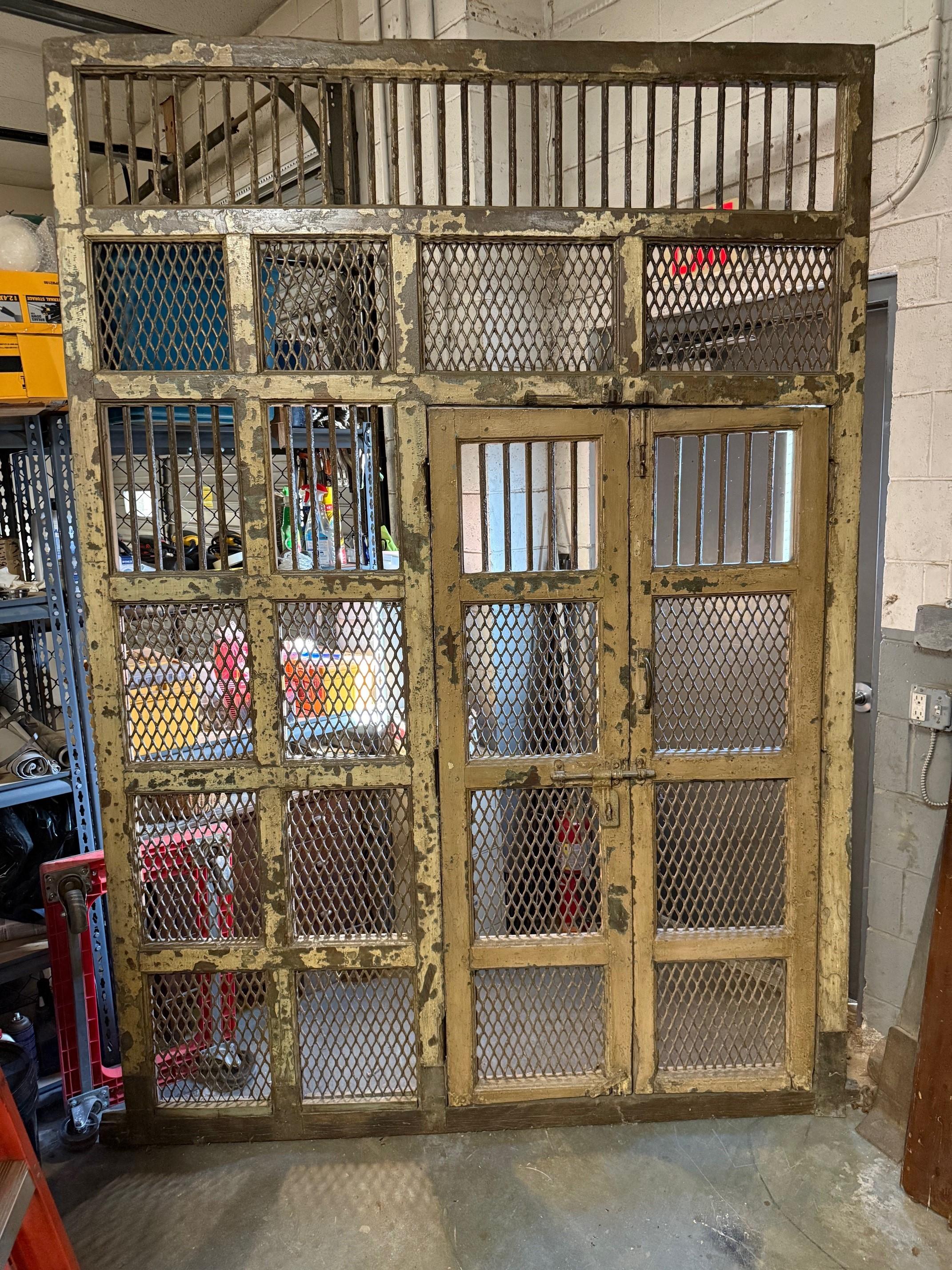 Early 20th Century Iron and Wood Divider or Panel with Doors and Metal Mesh. For Sale 14