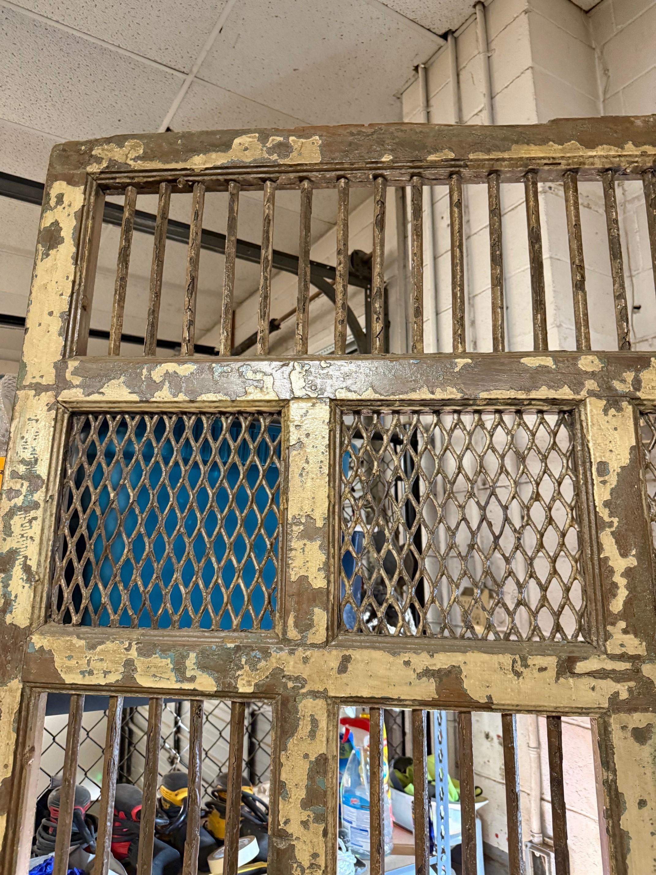 Early 20th Century Iron and Wood Divider or Panel with Doors and Metal Mesh. For Sale 15