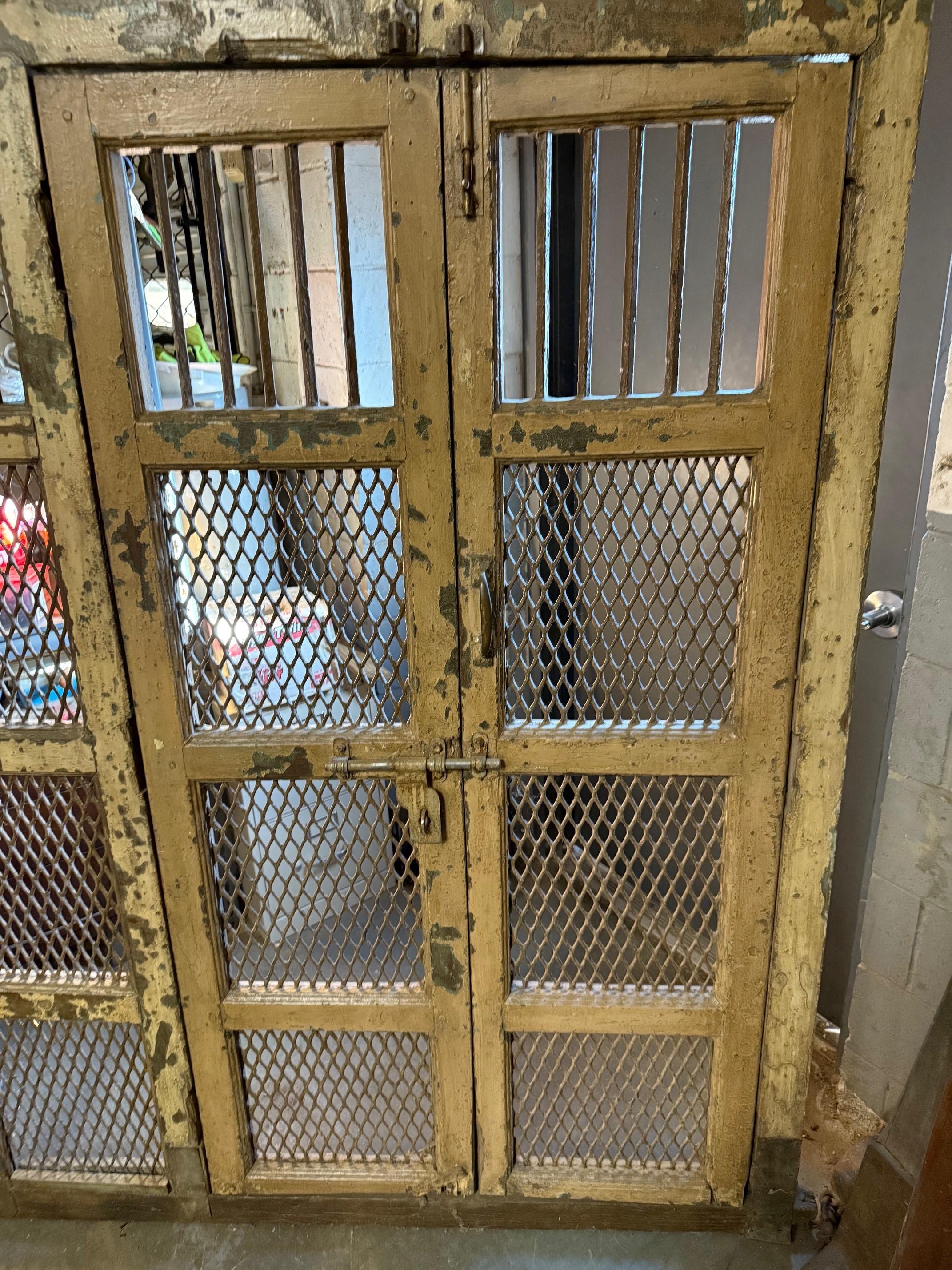 Indian Early 20th Century Iron and Wood Divider or Panel with Doors and Metal Mesh. For Sale
