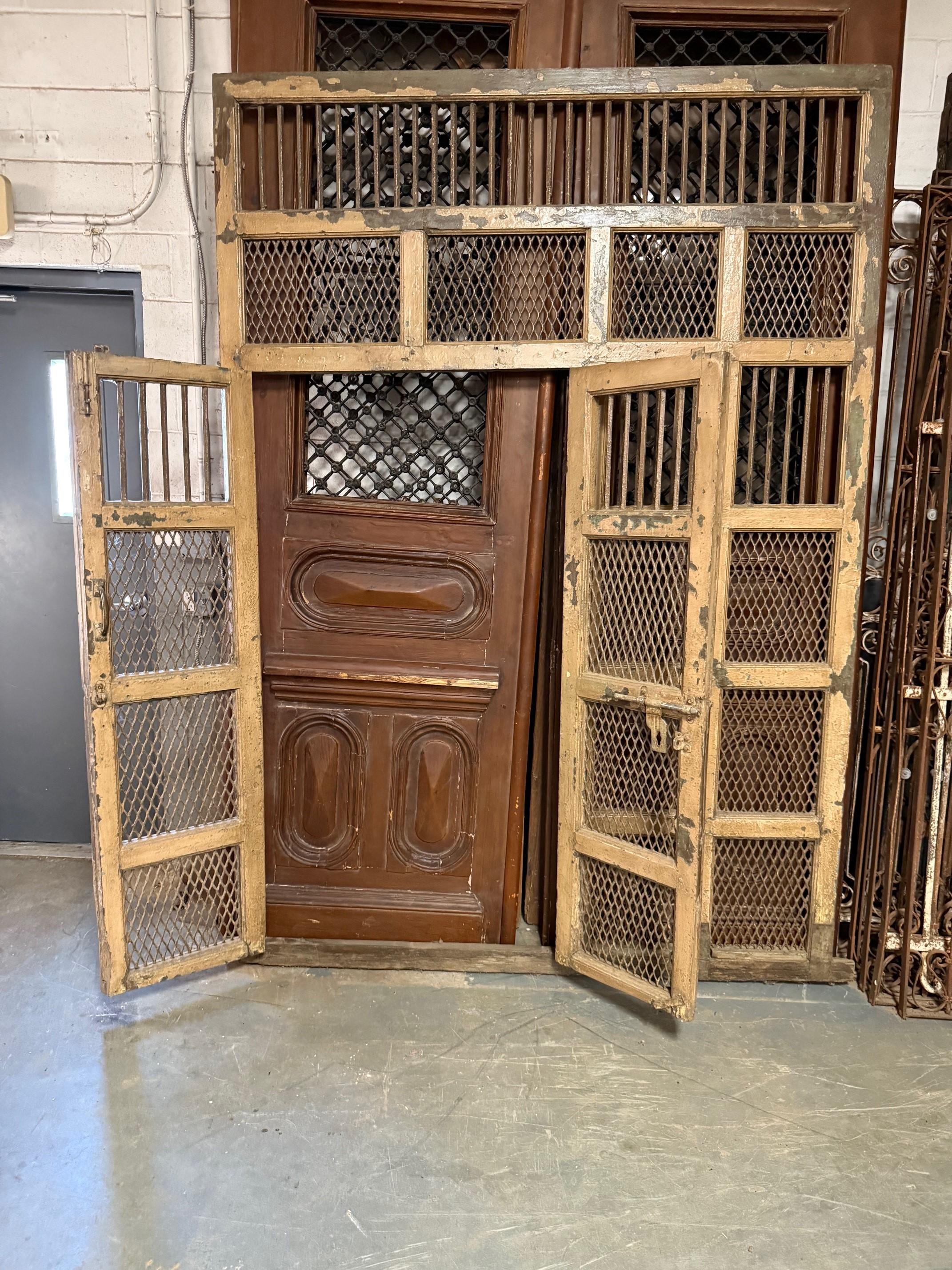 Early 20th Century Iron and Wood Divider or Panel with Doors and Metal Mesh. For Sale 2