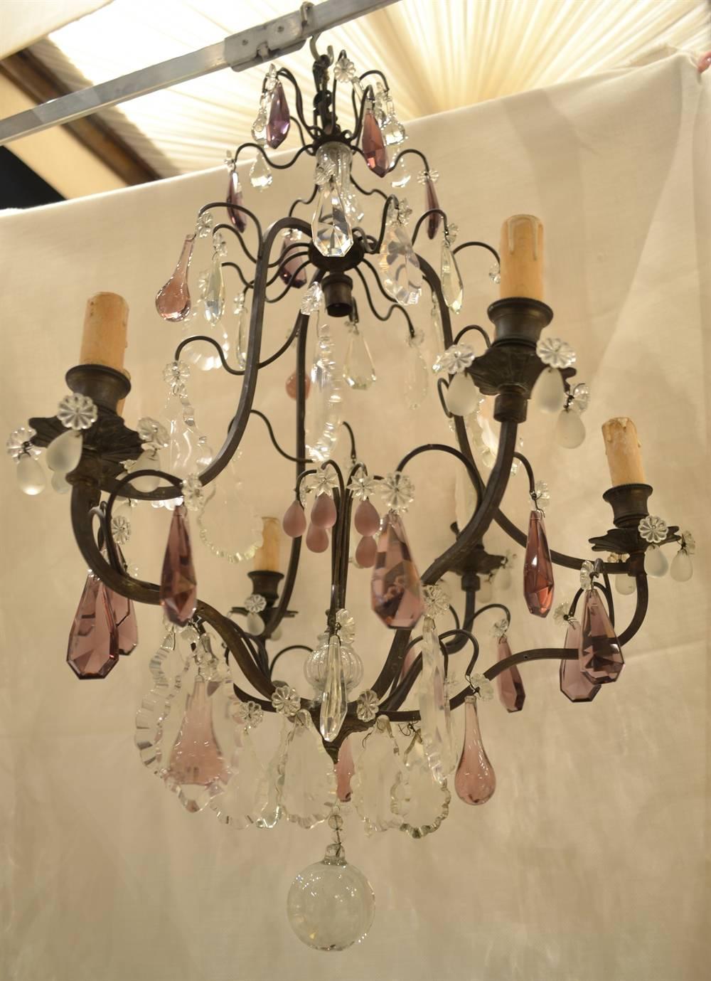 French Early 20th Century Iron Chandelier with Amethyst Crystals For Sale