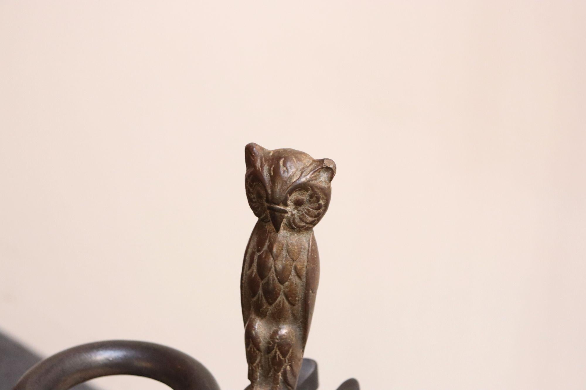 Early 20th Century Iron Fire Tool Set with Cast Brass Owl Form Handles For Sale 6