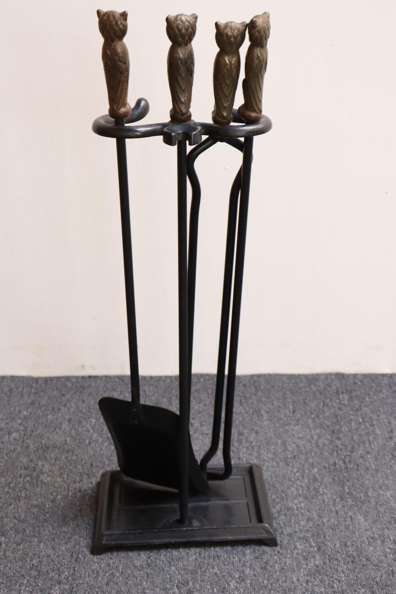 Renaissance Revival Early 20th Century Iron Fire Tool Set with Cast Brass Owl Form Handles For Sale