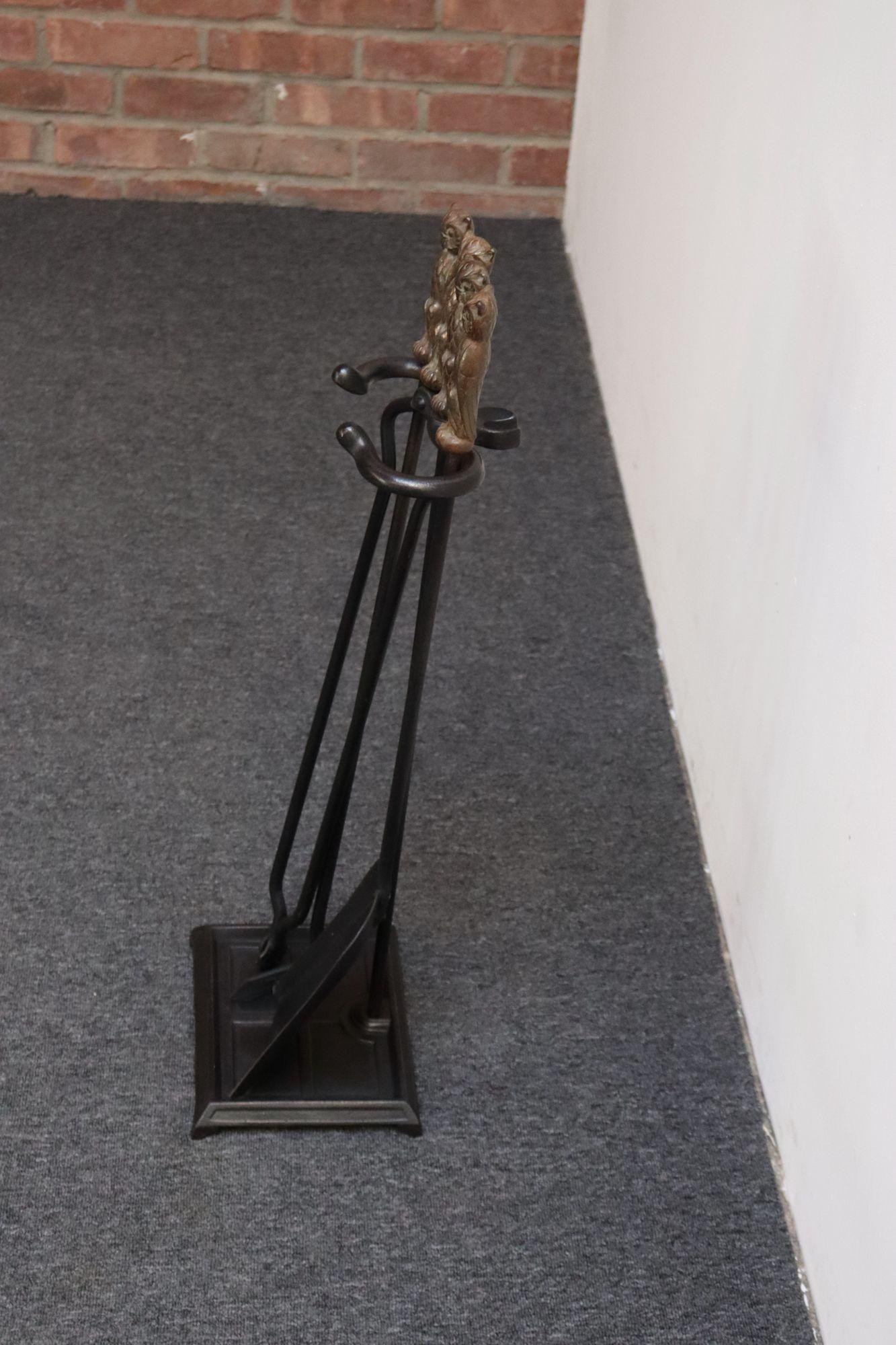 Early 20th Century Iron Fire Tool Set with Cast Brass Owl Form Handles For Sale 10