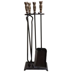 Antique Early 20th Century Iron Fire Tool Set with Cast Brass Owl Form Handles