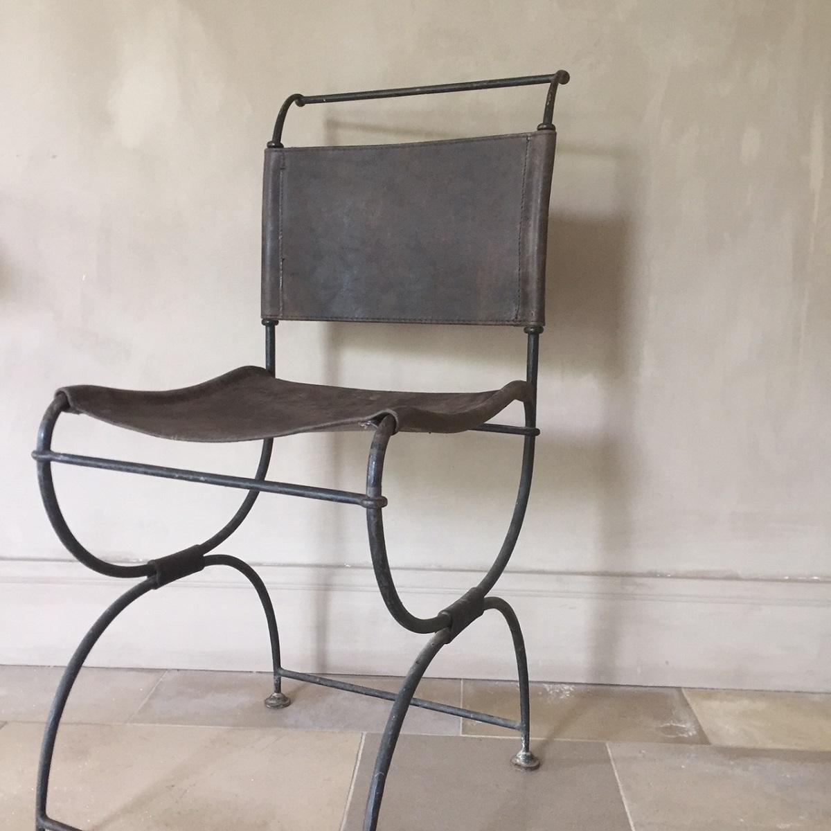 French Early 20th Century Iron Leather Side Chair Campaign Chair