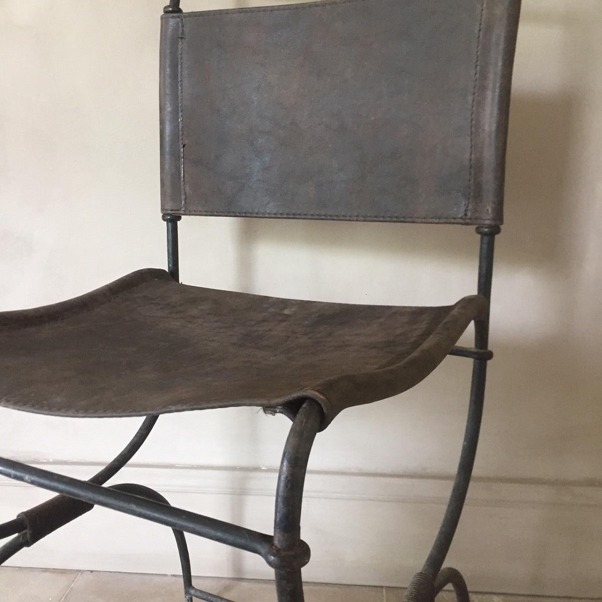 Hand-Crafted Early 20th Century Iron Leather Side Chair Campaign Chair