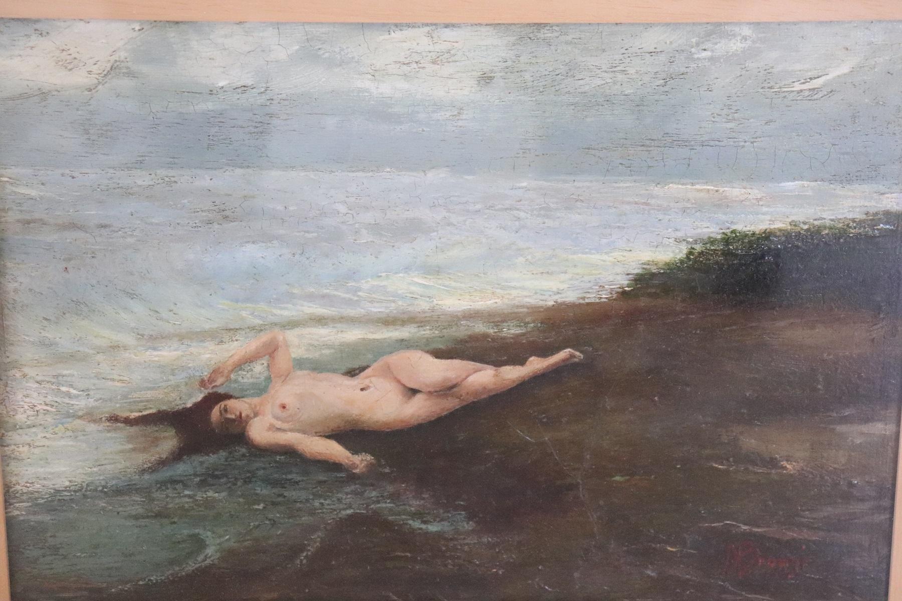 Beautiful oil painting on board, dated about 1920s. Excellent pictorial quality portrait of a naked woman by the sea. Signed by important Italian artist Mario Broggi. The artist Broggi Mario was a Lombard painter of the 20th century. He was born in