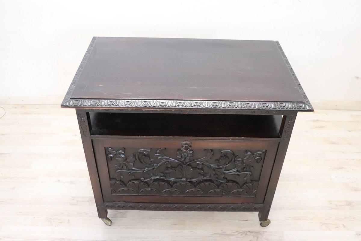 Art Nouveau Early 20th century Italian Bar Cart on Wheels in Beech Wood For Sale