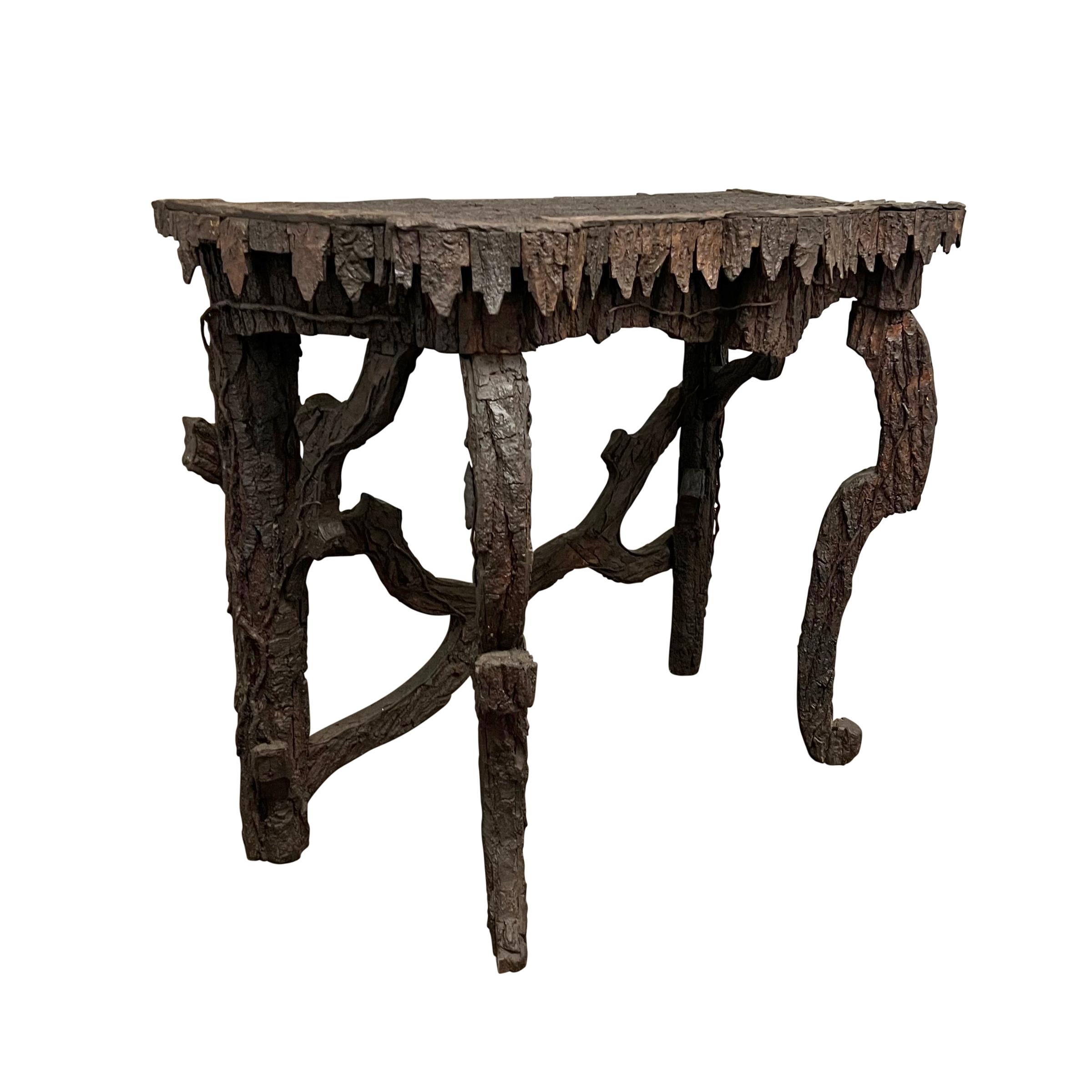 Hand-Crafted Early 20th Century Italian Bark Console Table from a Tyrolean Chalet