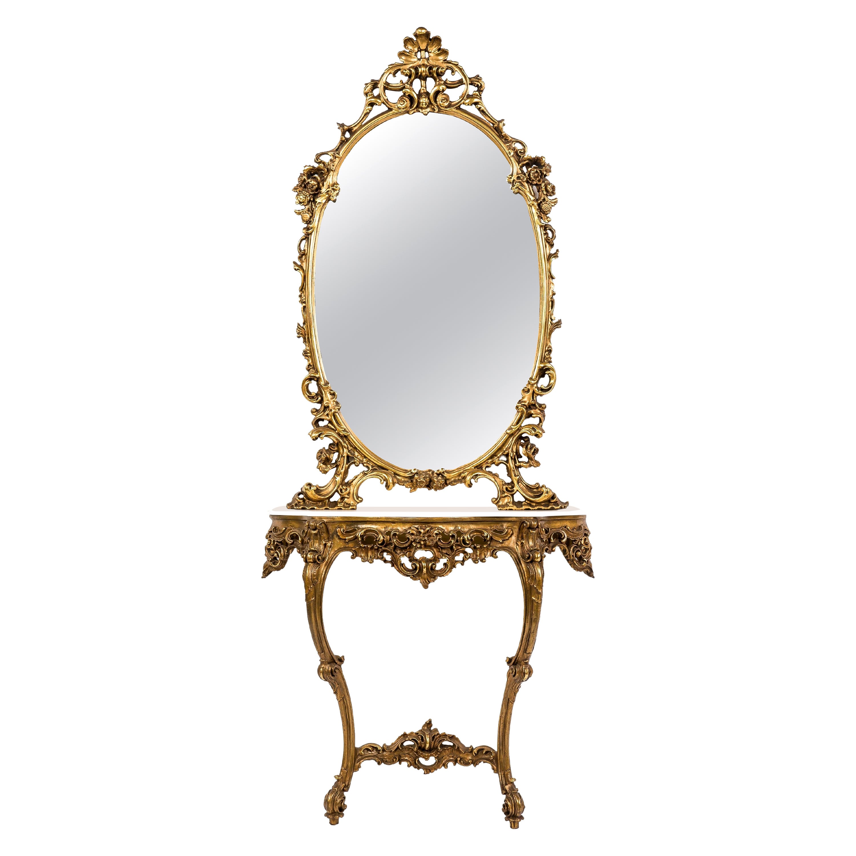 Consola barroca italiana de madera dorada tallada de principios del siglo XX con espejo
