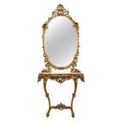Table console en bois doré sculpté baroque italien du début du 20e siècle avec miroir