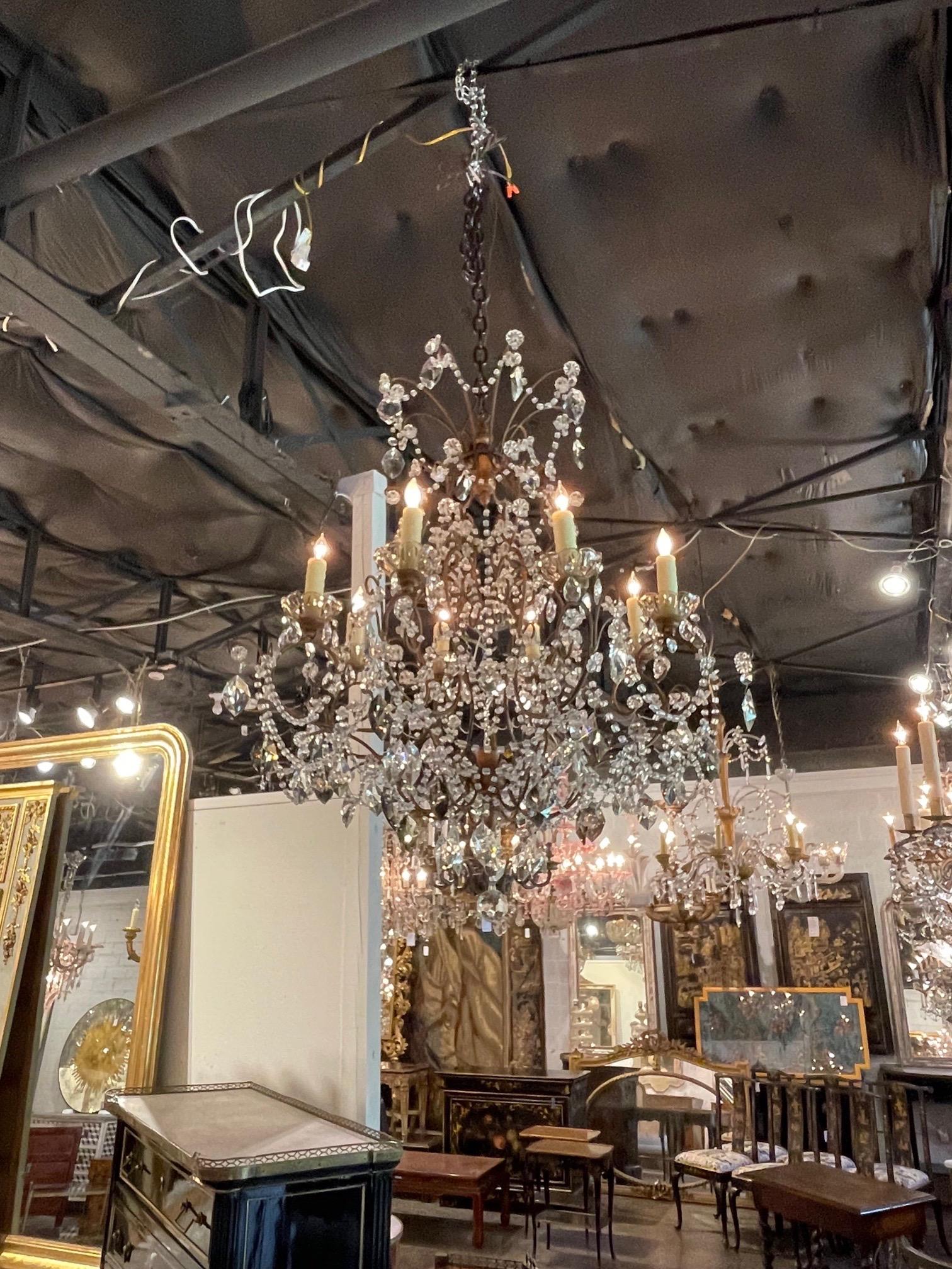 Elegant early 20th century Italian beaded crystal chandelier with 6 lights. Beautiful shape and covered in gorgeous crystals. Very nice!