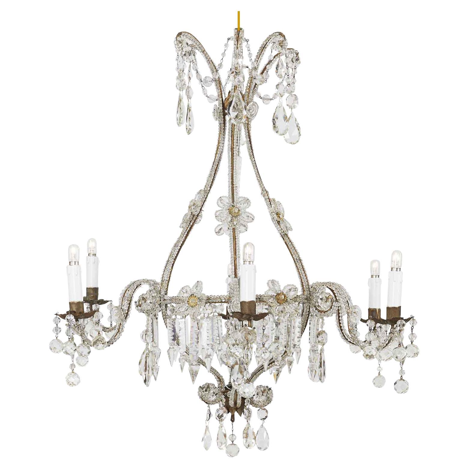 Early 20th Century Italian Beaded Crystal Flower Chandelier with Gilt Buttons For Sale