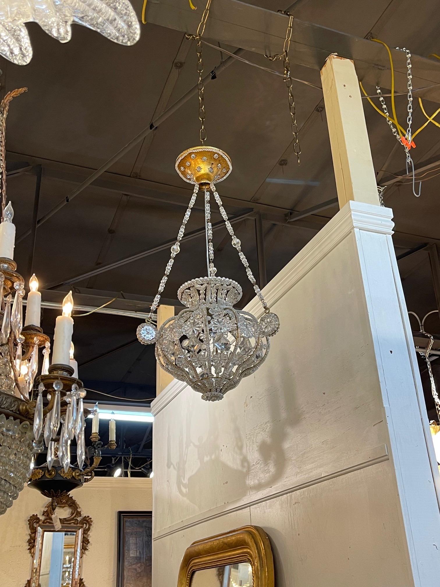 Lovely early 20th century Italian beaded crystal single light pendant. Very nice scale and shape and covered in crystals. So pretty!! Note: We have 2 more that are almost identical but they do not have the beaded strands and top cap.