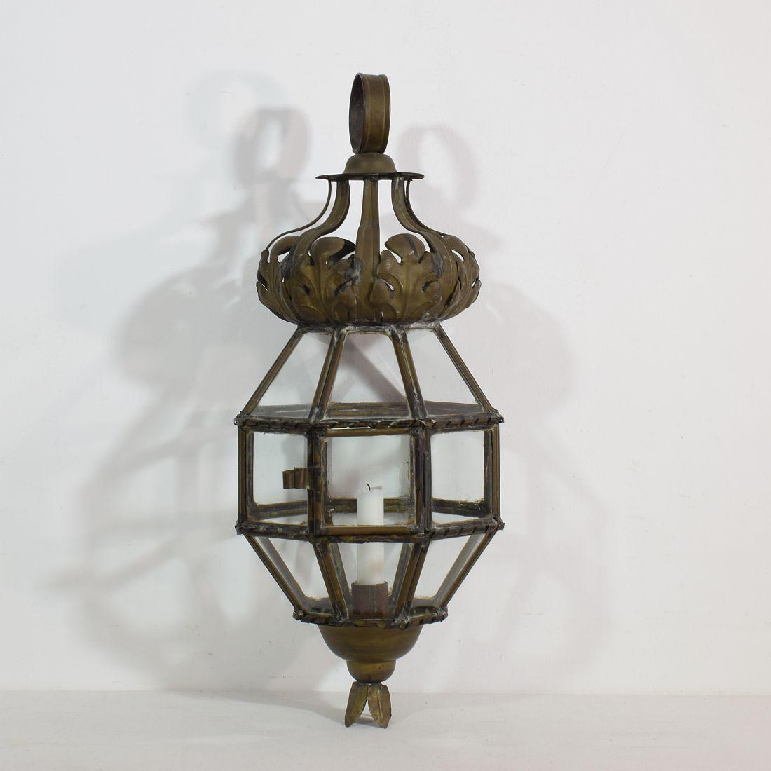 Beautiful and rare brass lantern. This piece was once electrified and this could easily be done again.
Italy, circa 1930-1940, in good but weathered condition.
        