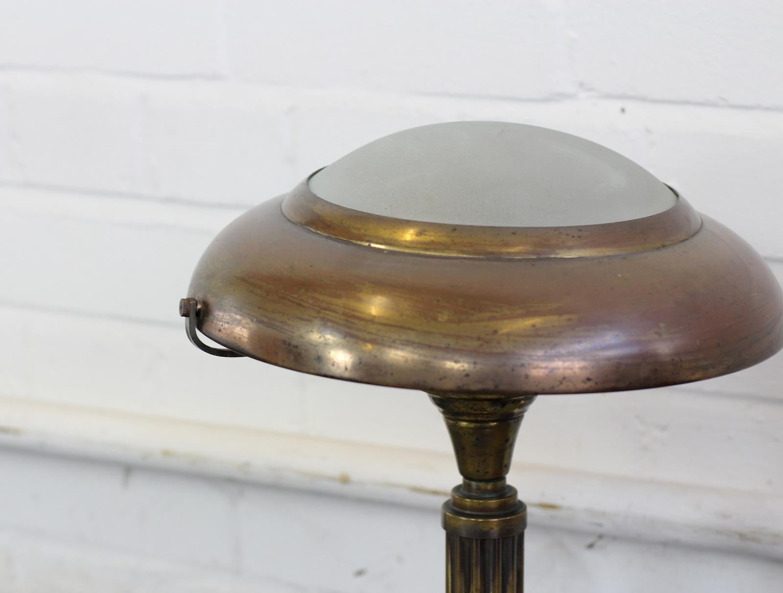 Early 20th century Italian brass table lamp, circa 1910

- Beautifully aged brass
- Etched domed glass
- Takes B22 bayonet bulbs
- Re wired with gold twisted cable
- Inline on/off switch on the base
- Italian, circa 1910
- Measures: 40 cm