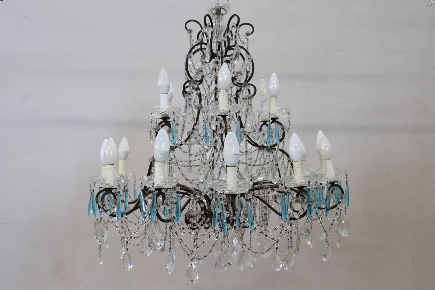 Mid-20th Century Early 20th Century Italian Bronze and Crystal Large Chandelier For Sale