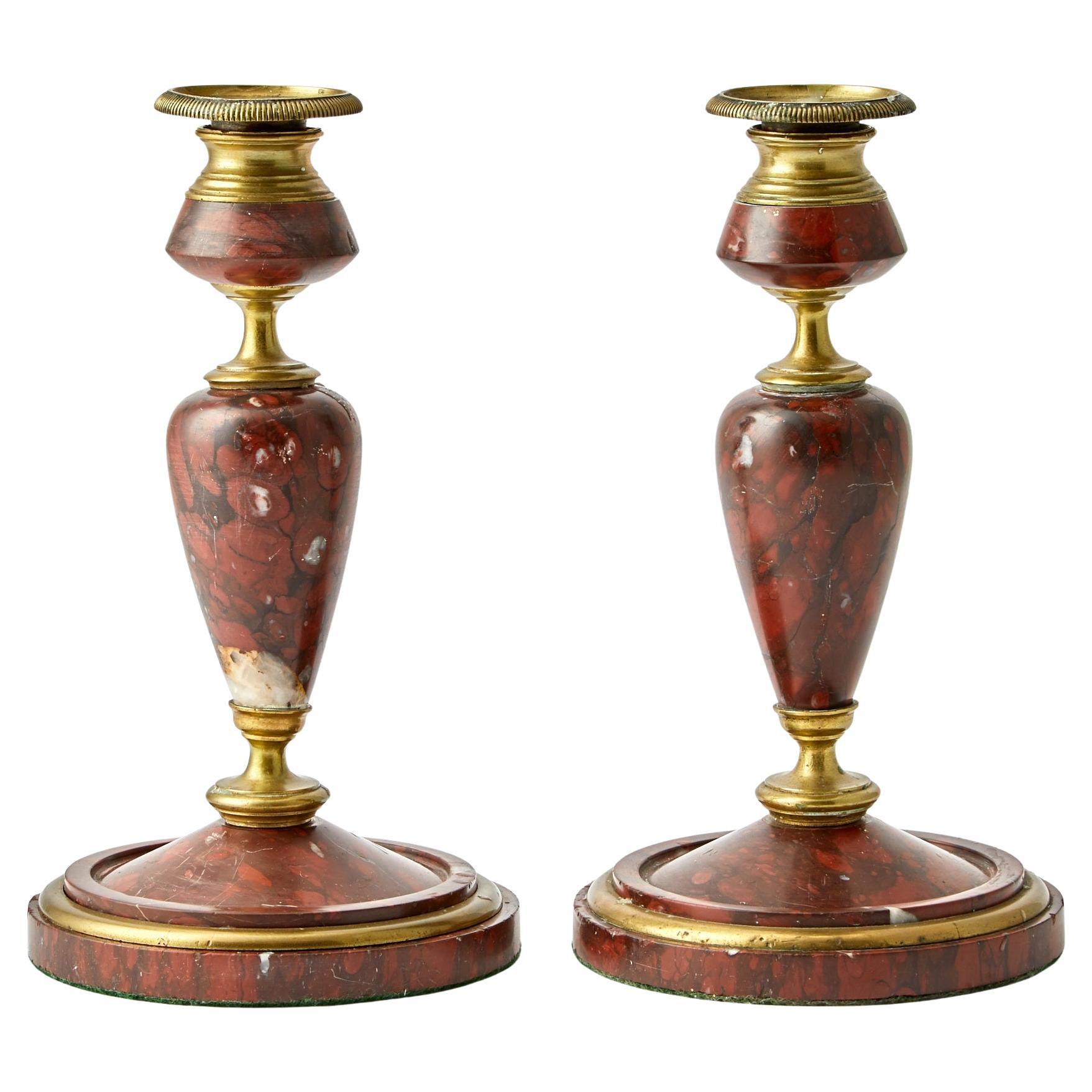 Bougeoirs italiens en bronze et marbre rouge du début du XXe siècle