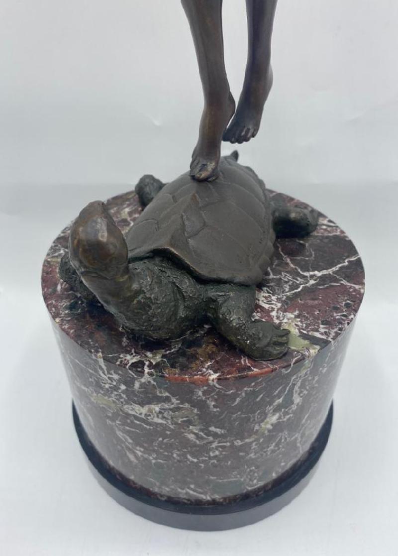 Early 20th Century Italian Bronze Figure on Marble Base of Woman on Turtle For Sale 1