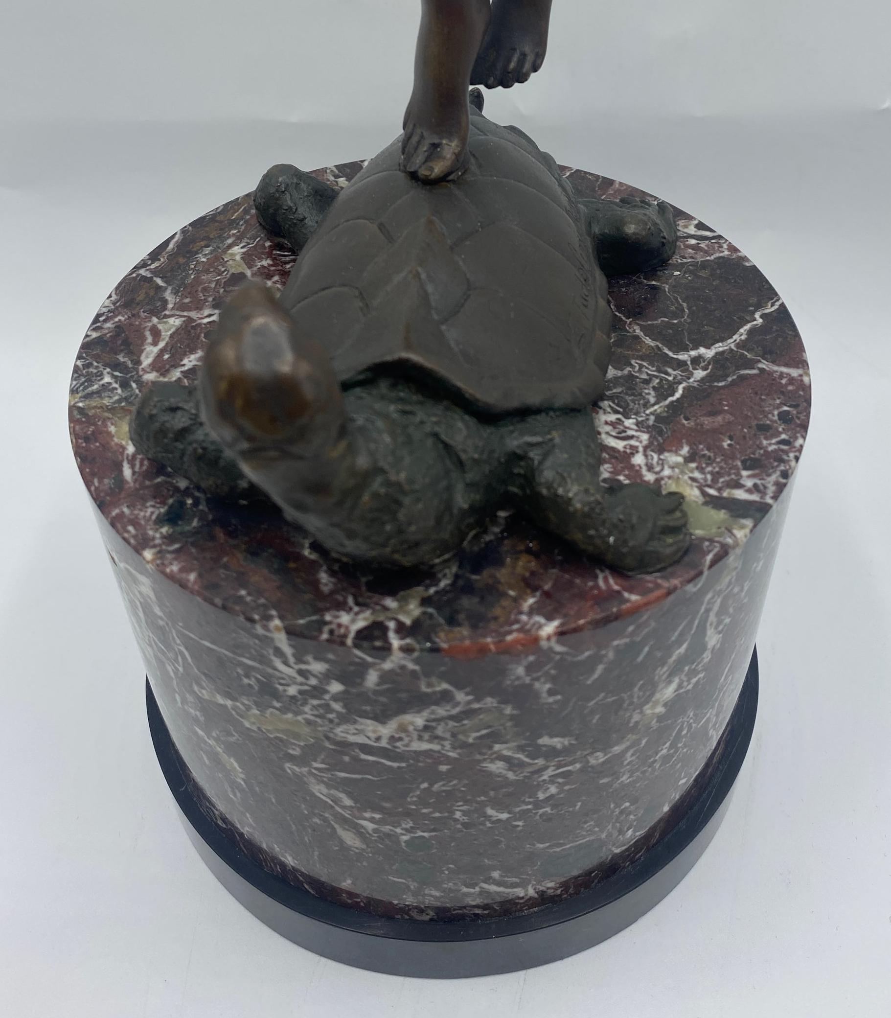 Early 20th Century Italian Bronze Figure on Marble Base of Woman on Turtle For Sale 2