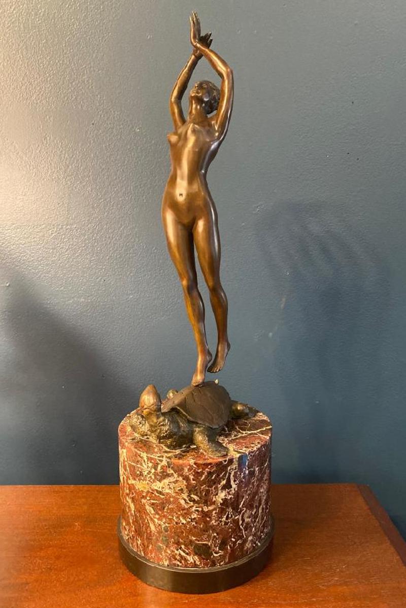 Early 20th Century Italian Bronze Figure on Marble Base of Woman on Turtle For Sale 3