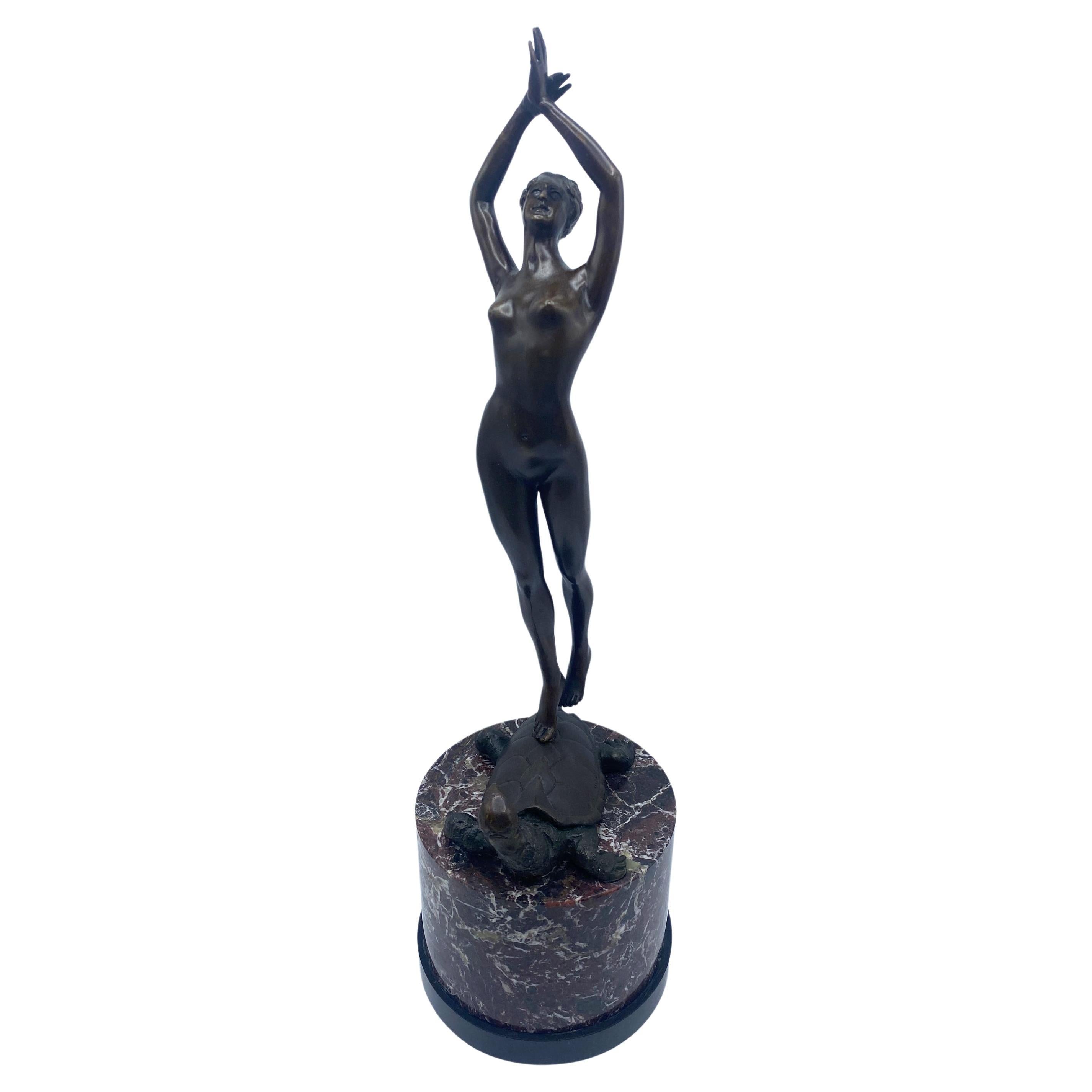 Early 20th Century Italian Bronze Figure on Marble Base of Woman on Turtle For Sale