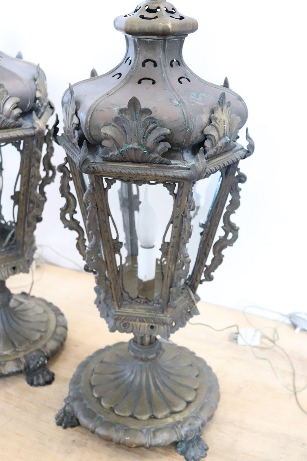  Early 20th Century Italian Bronze Pair fo Table Lamps or Lanterns For Sale 5