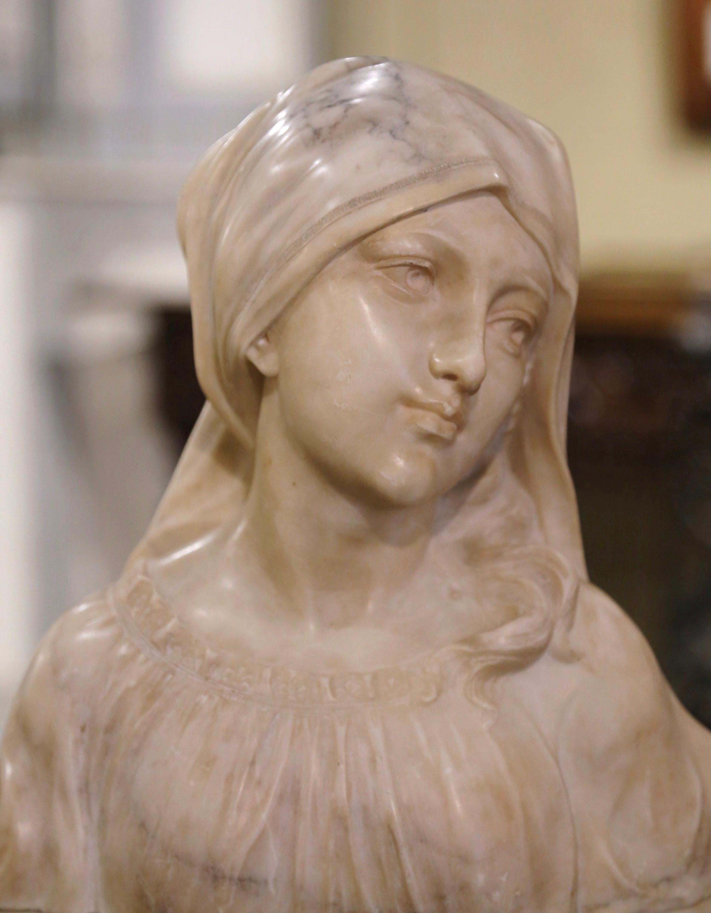 Art Nouveau Early 20th Century Italian Carved Marble Bust of Young Beauty Signed A. Cipriani For Sale