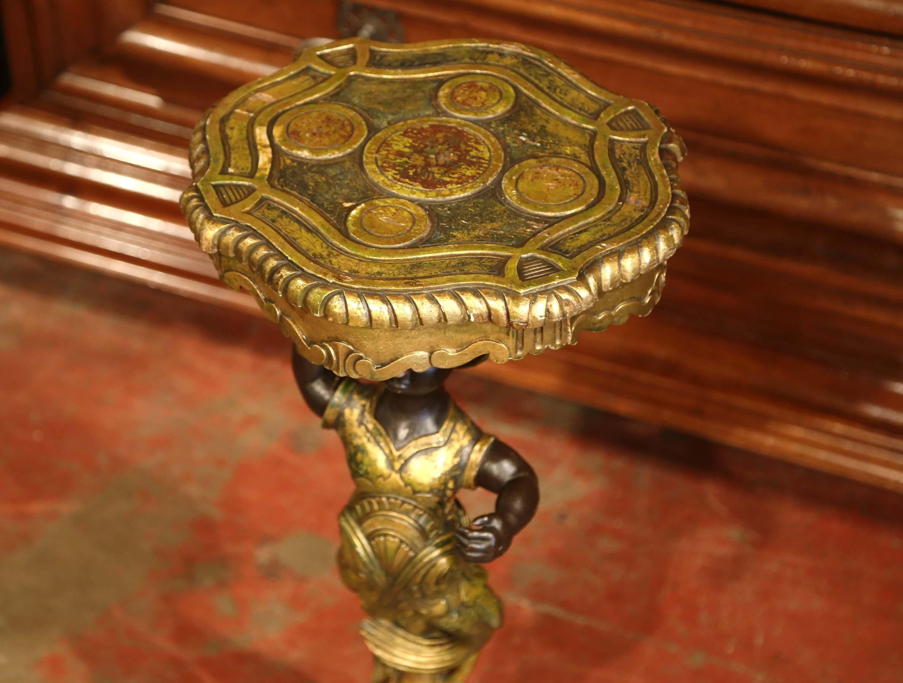 Early 20th Century Italian Carved Polychrome and Gilt Figure Side Table In Excellent Condition For Sale In Dallas, TX