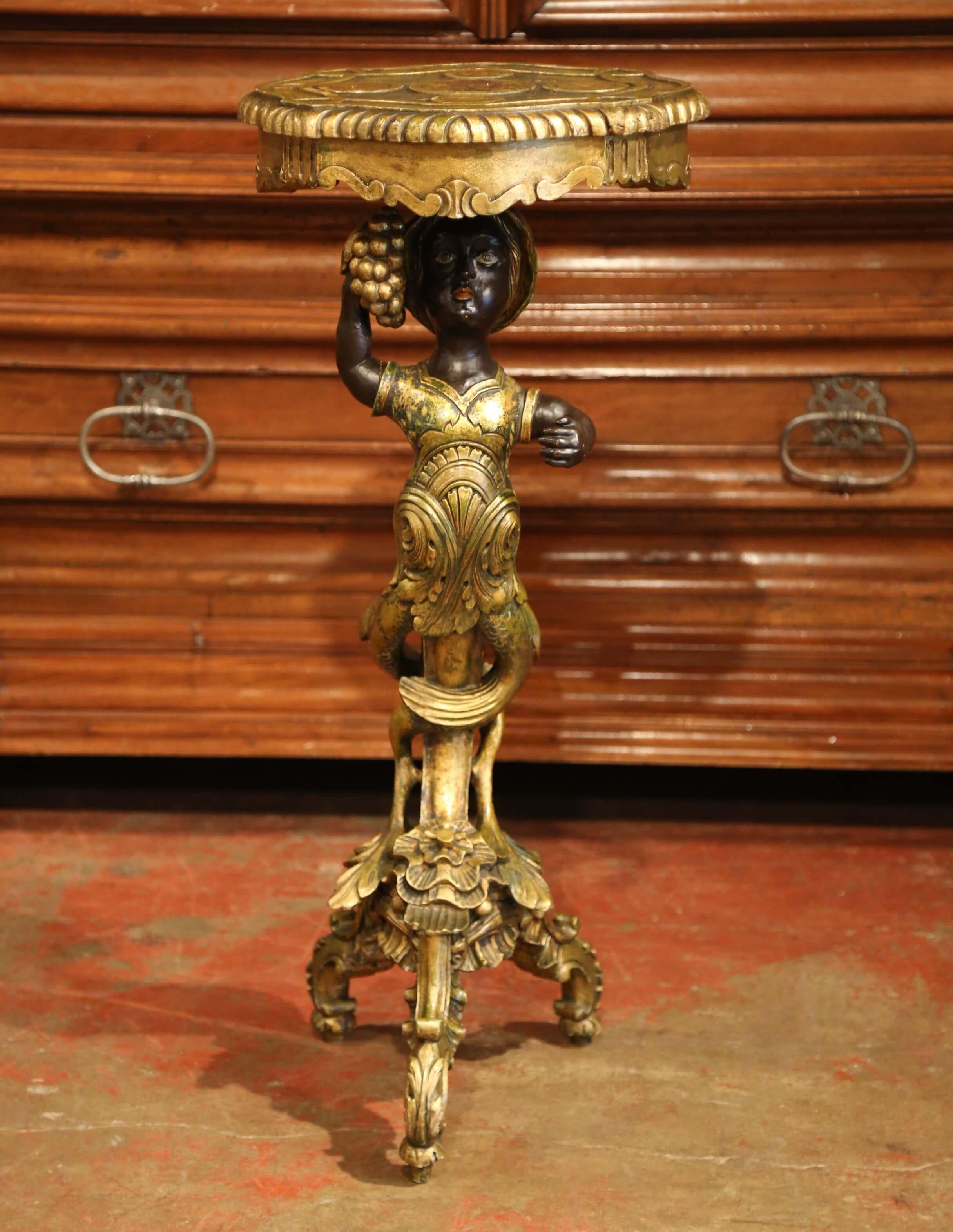Giltwood Early 20th Century Italian Carved Polychrome and Gilt Figure Side Table For Sale