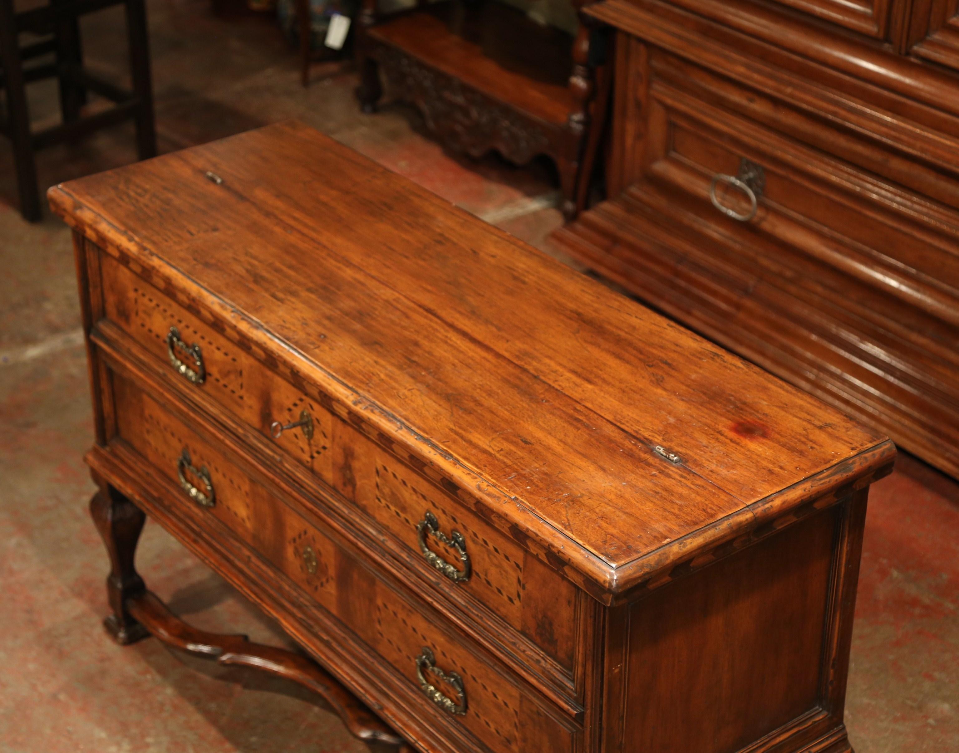 Patinated Early 20th Century Italian Carved Walnut Chest of Drawers, Writing Table Desk