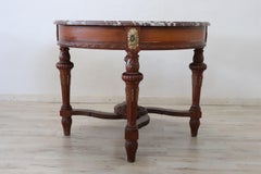 Early 20th Century Italian Carved Walnut Round Center Table with Red Marble Top
