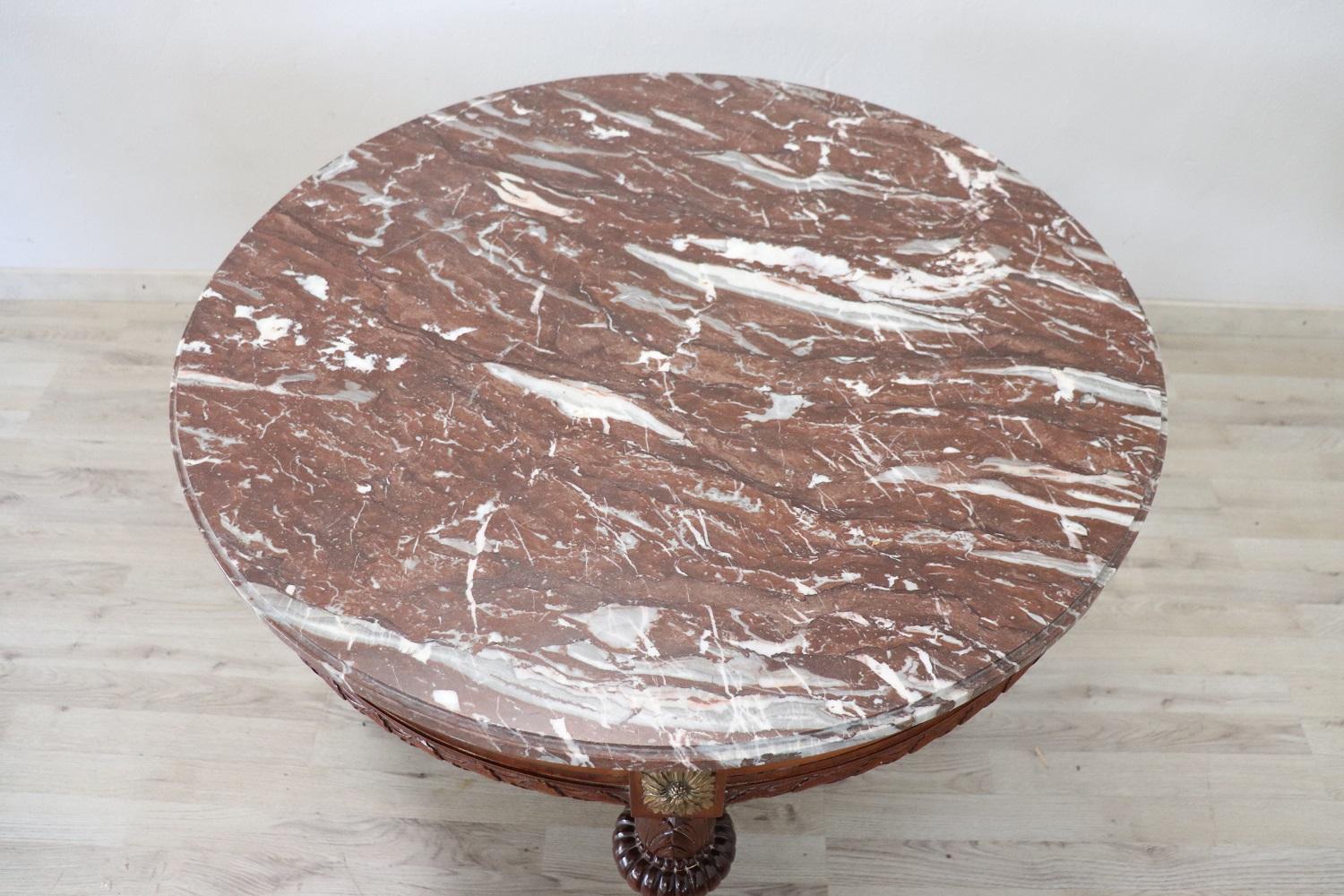 Hand-Carved Early 20th Century Italian Carved Walnut Round Center Table with Red Marble Top