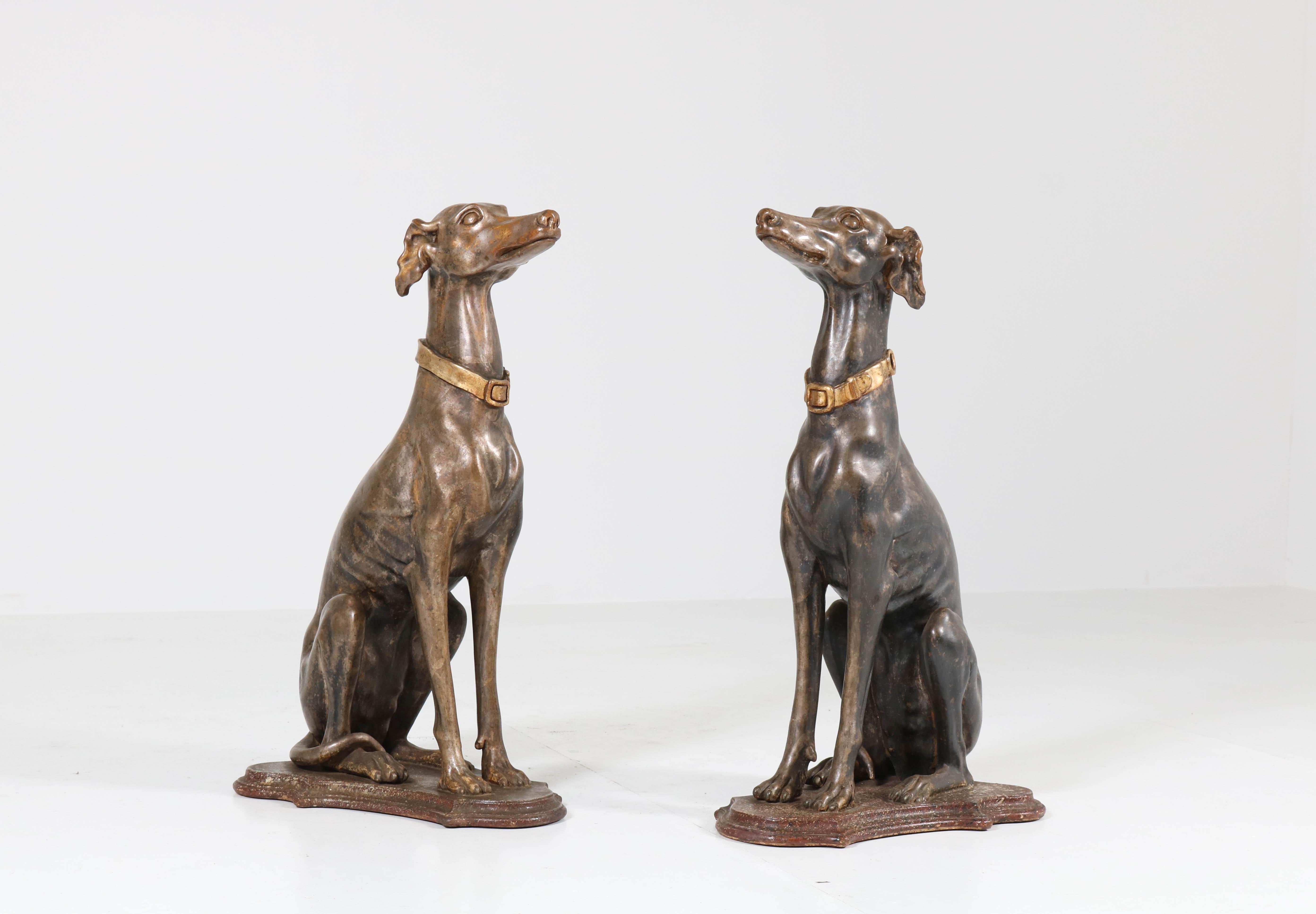 Early 20th Century Italian Carved Wood Seated Greyhound Sculptures In Good Condition In Amsterdam, NL
