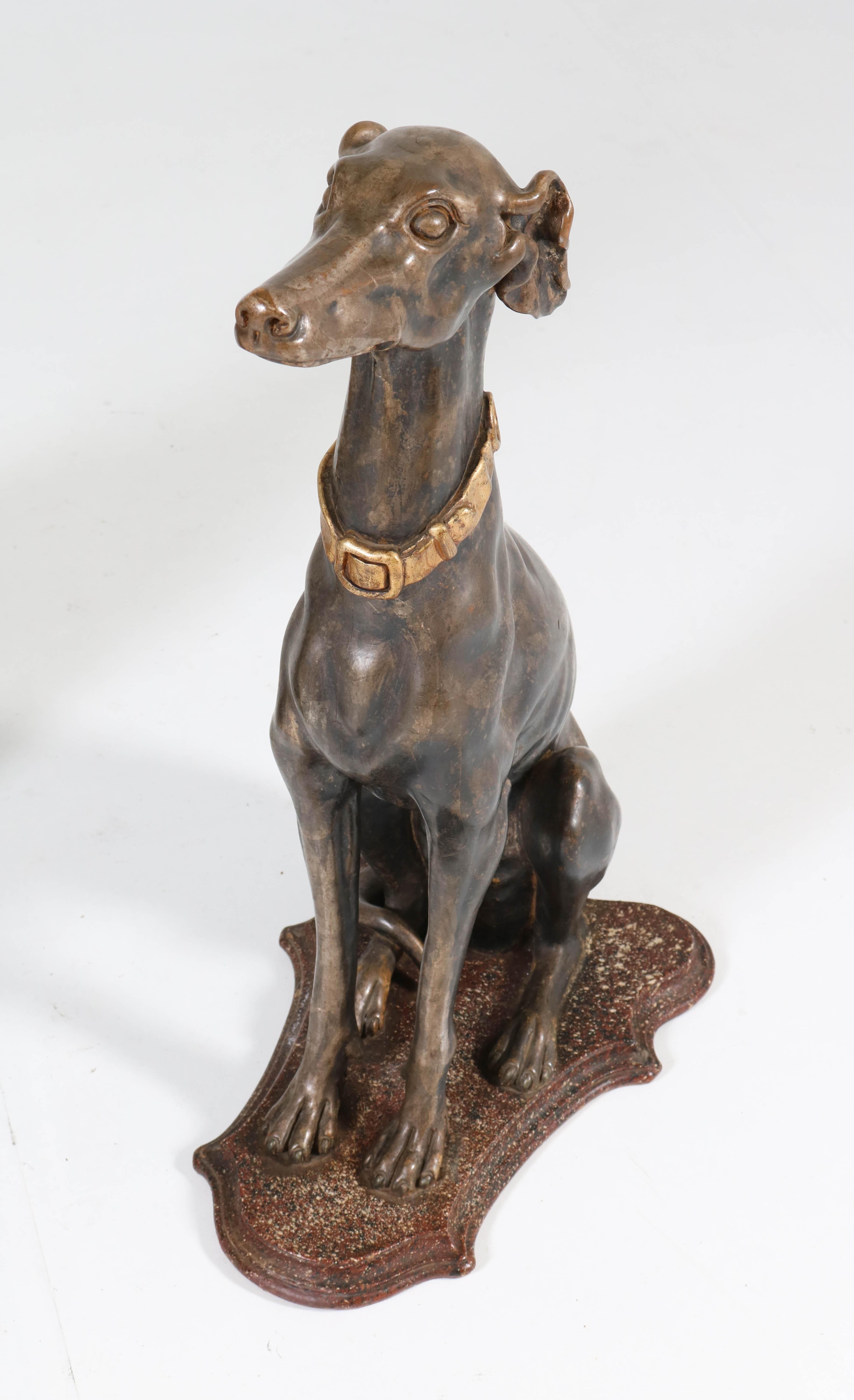 Early 20th Century Italian Carved Wood Seated Greyhound Sculptures 2