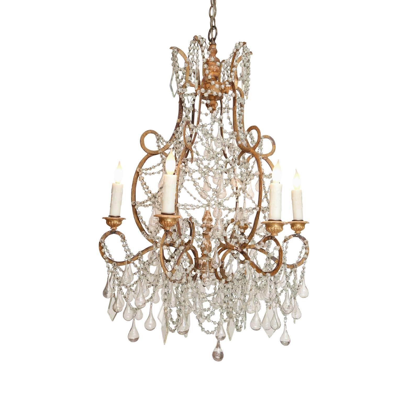 20th Century Italian Chandelier in Wood, Gilt-Iron and Glass For Sale