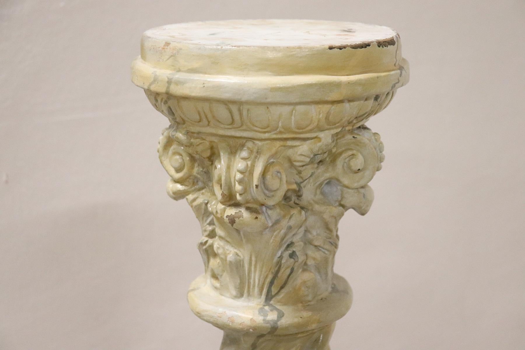 Beautiful Italian carved and painted terracotta column, 1880s. This column is truly fascinating. Note the details, beautiful capital with acanthus leaves. Entirely in sculpted terracotta, beautiful turned column. Painted with the veins of the