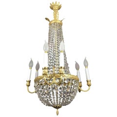 Antique Early 20th Century Italian Crystal Basket Chandelier Gilt Bronze Empire Style